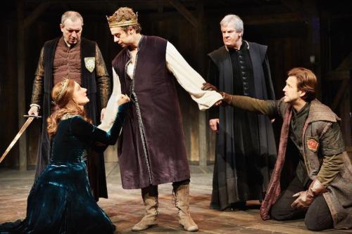Joely Richardson (Margaret of Anjou)  Alex Waldmann (Henry VI) Michael Xavier (Earl of Suffolk) The Wars at The Rose Theatre. Photo by Mark Douet  I80A2422 sized